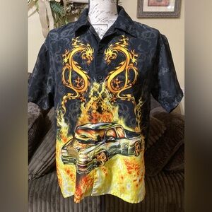 Men’s Size S/M Black and Yellow Flaming Dragon and Truck Graphic Button Up Shirt